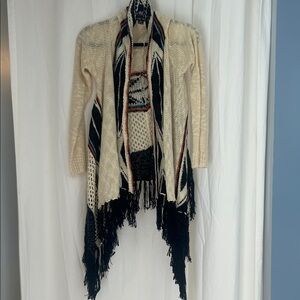 Double Zero Geometric Fringe Cardigan - Cream and Black